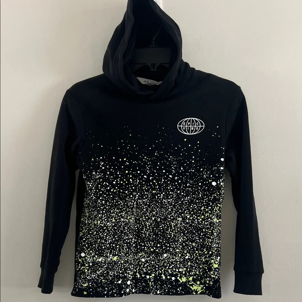 H&M Black Hoodie with White‎ and Yellow Pattern